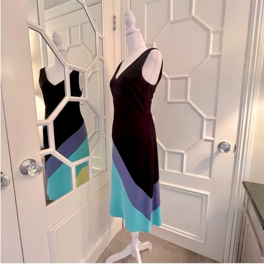LAUNDRY Shelli Segal Colorblock V-Neck Black-Teal-Purple-Yellow Dress - Size 8 - Picture 2 of 4